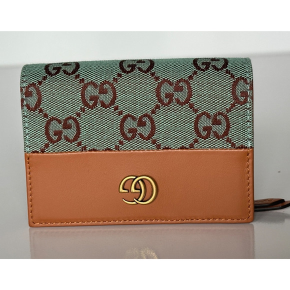 Gucci GG Leather/Canvas Compact Bifold Card Wallet Azure/Brown Italy 783121 NIB - Picture 1 of 12